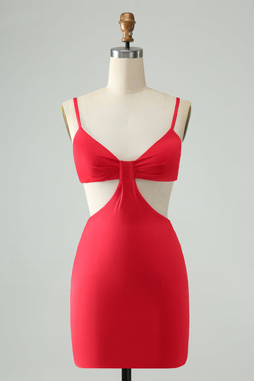 Vestido de cóctel corto con tirantes finos ajustados y ahuecados rojos